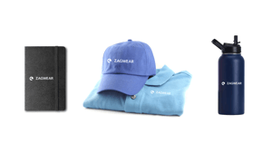 Branded notebook, hat, shirt, water bottle